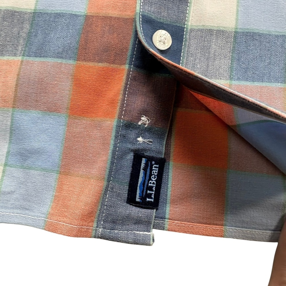 LL Bean Mens XL Traditional Fit Plaid Short Sleeve Button Down Shirt Orange Blue - Picture 3 of 13